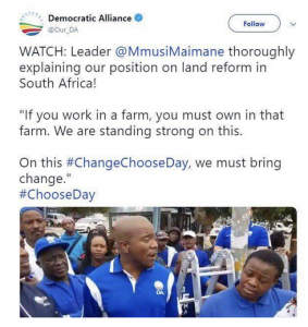 Mmusi Maimane, leier van die DA ondersteun die ANC-regering se beleid van grondsteel – “As jy op ’n plaas werk, dan moet jy in daardie plaas besit (sic). Ons staan sterk daarop,”
